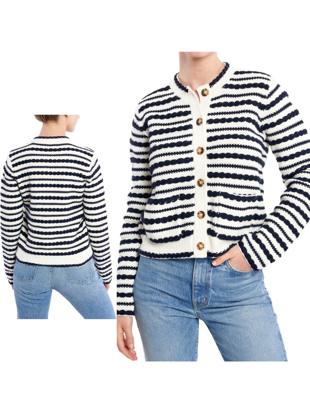 LA LIGNE 'Paula' Black & White Striped Braid Knit Cardigan Sweater US XS
